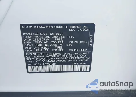 2024 Volkswagen Atlas Cross Sport 2.0T Sel R-Line z USA, uszkodzony, nr VIN 1V2AE2CA1RC253781